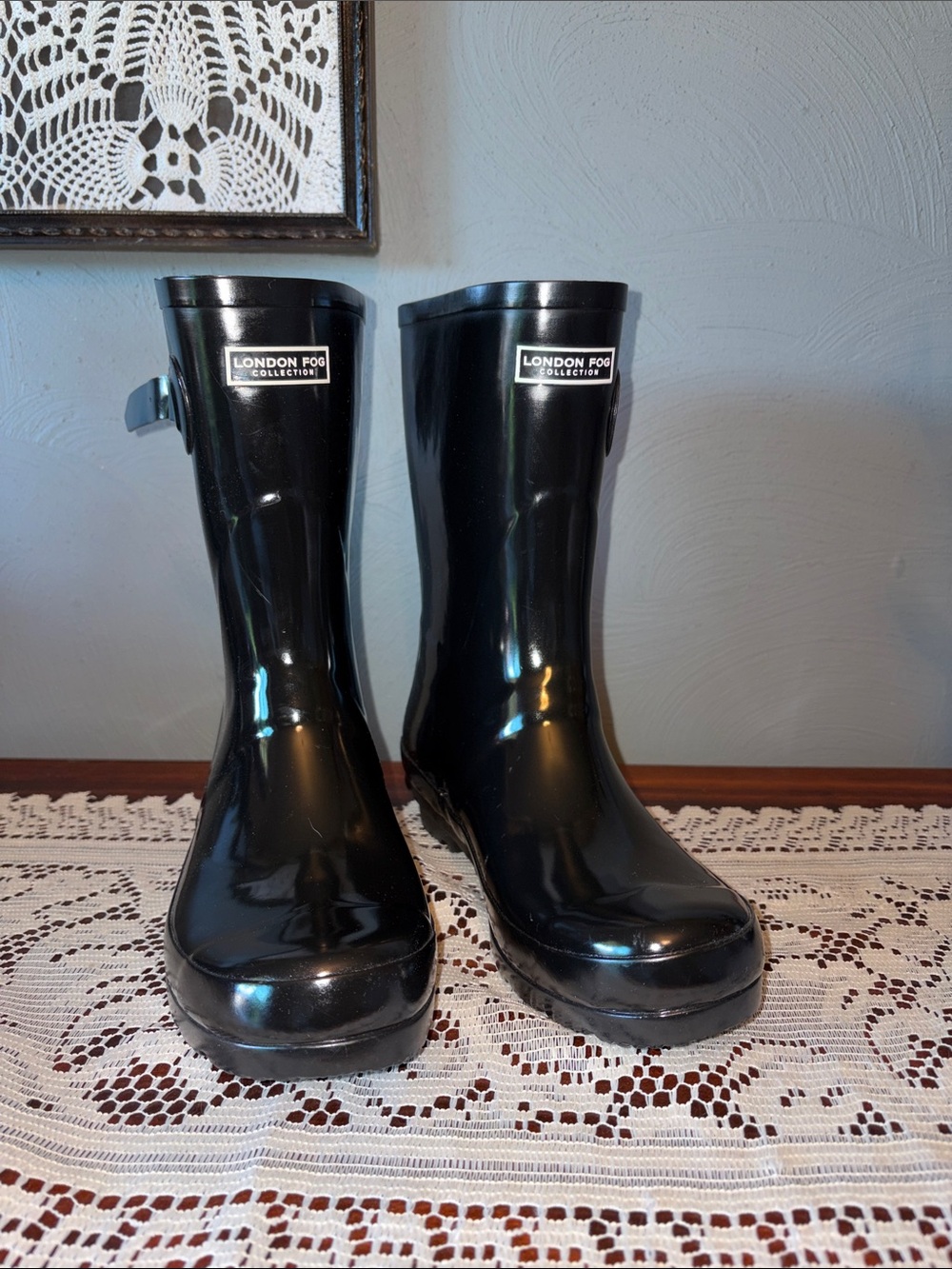London Fog Black Gloss Waterproof Rain Boots